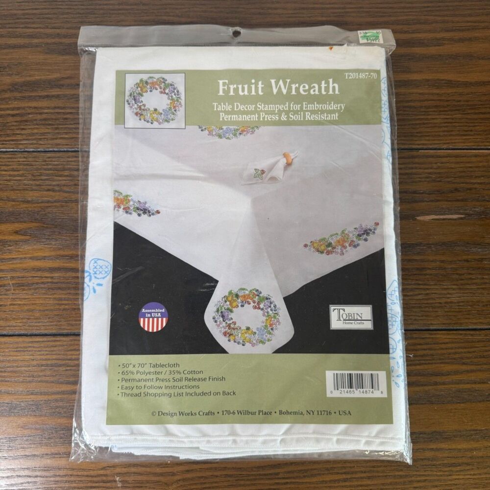 Tobin Home Crafts Fruit Wreath Stamped Tablecloth Embroidery Kit Vintage 50"x70"